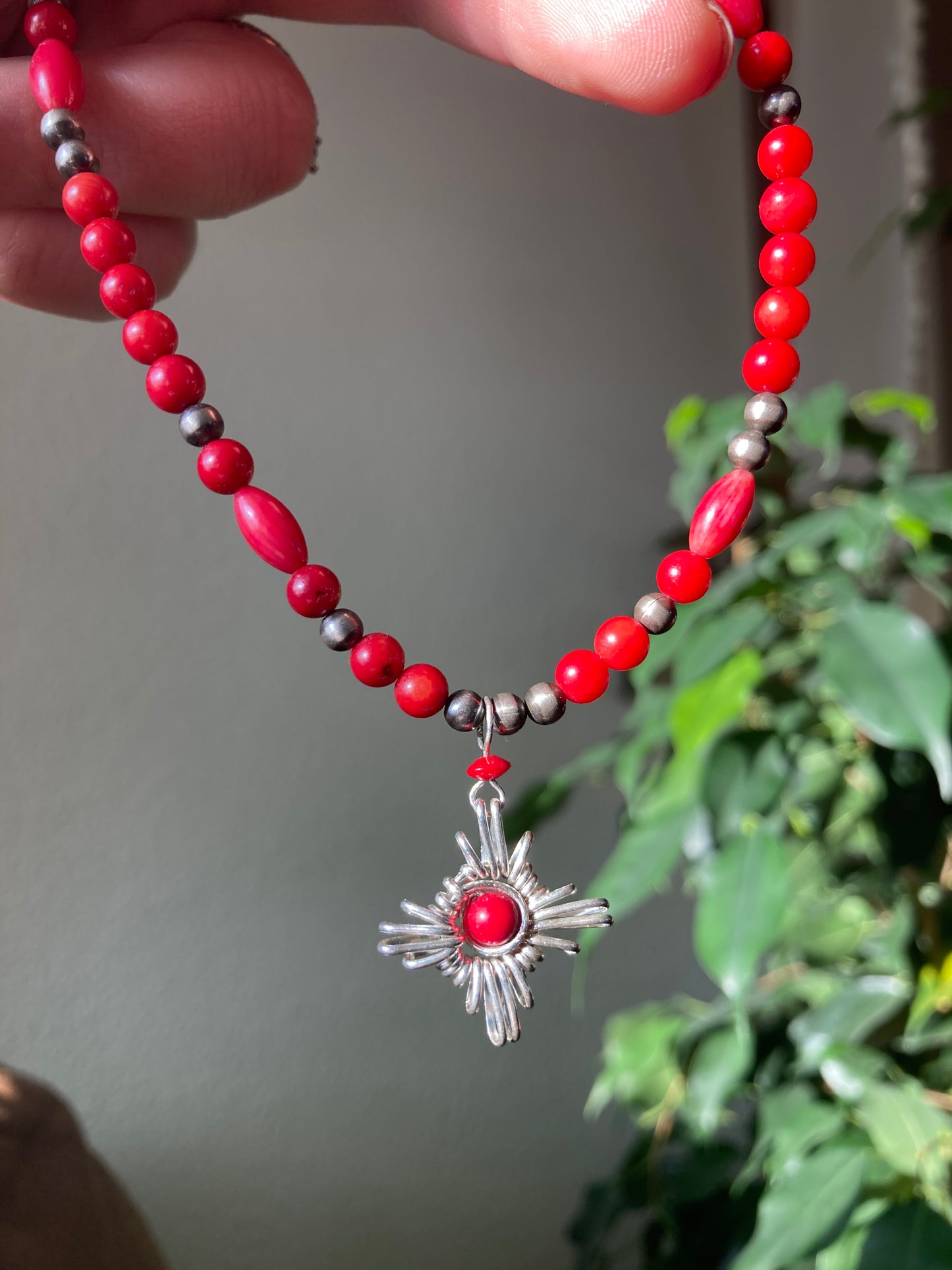 Red Coral Zia Pendant Navajo Pearl Necklace