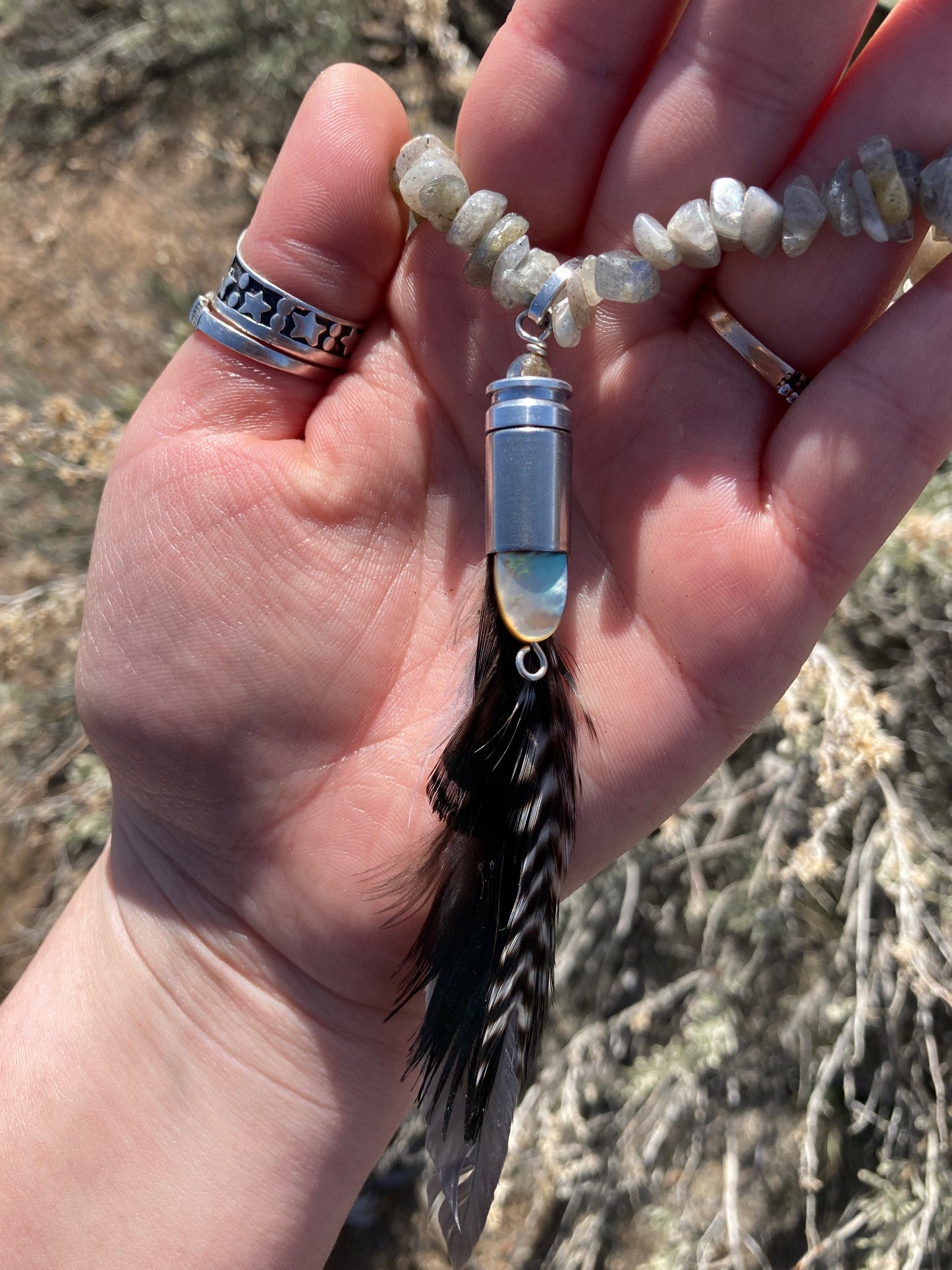 Bullet Labradorite Feather Pendant Necklace (Silver)