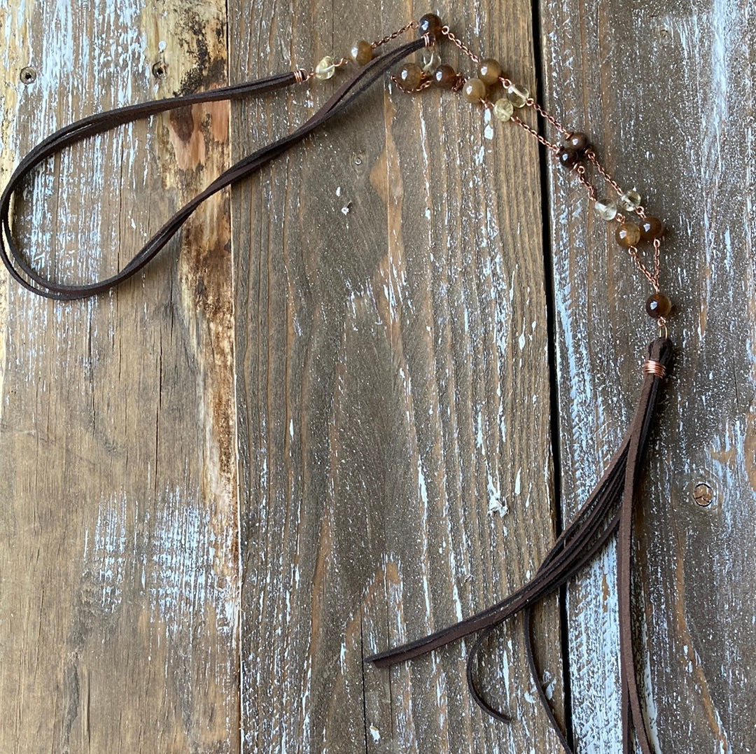 Copper and Brown Agate Leather Tassel Necklace