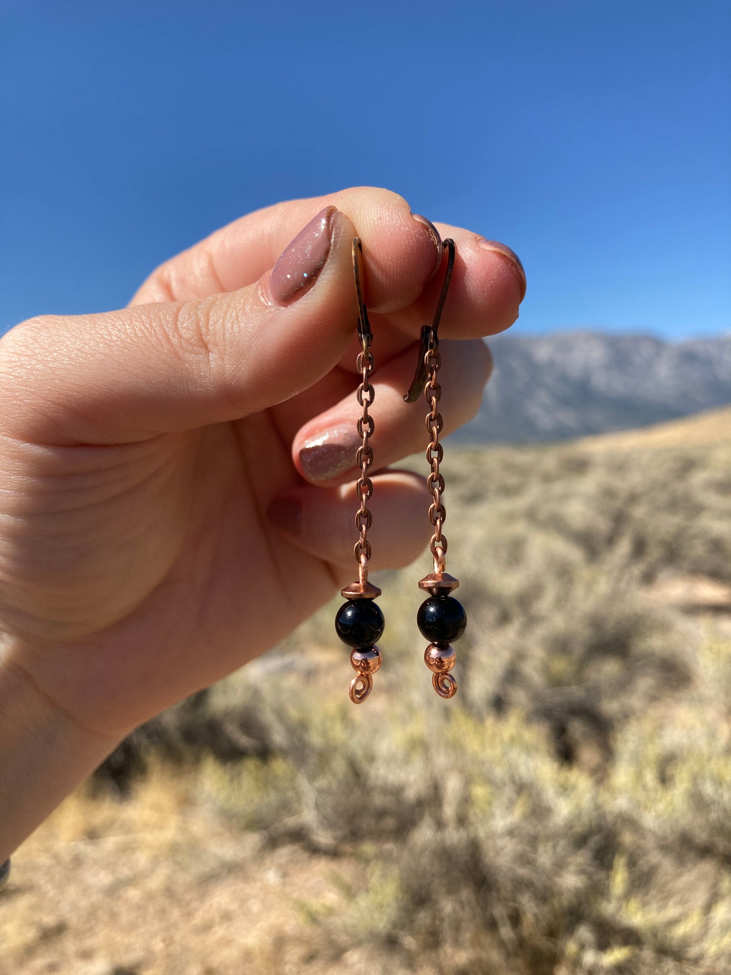 Copper and Black Onyx Chain Drop Earrings