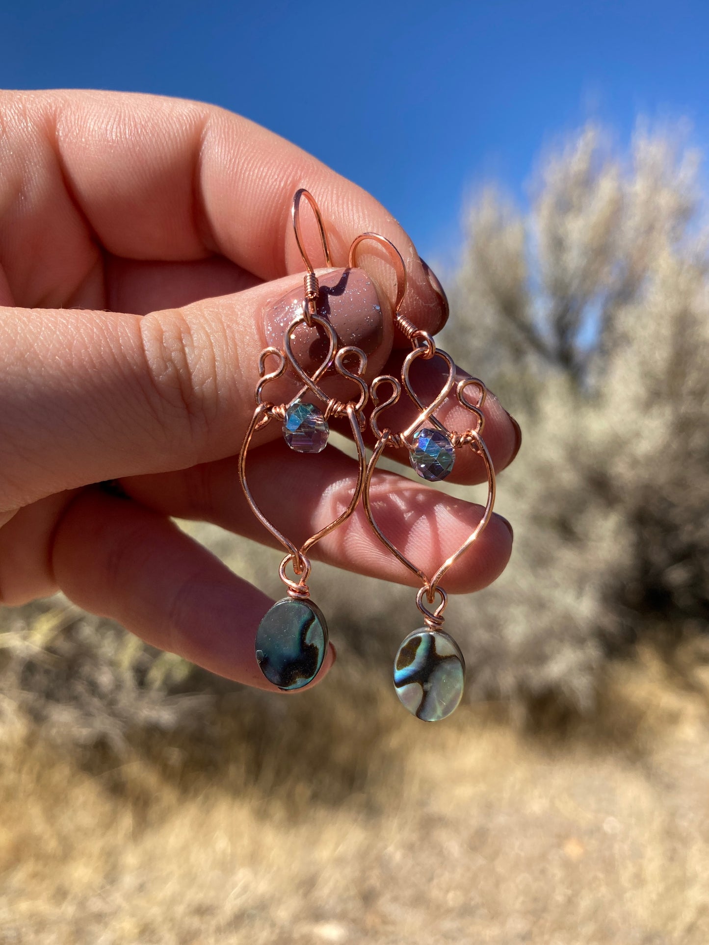 Copper Abalone and Crystal Wire Wrapped Earrings