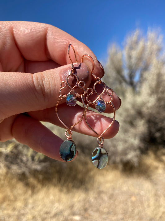 Copper Abalone and Crystal Wire Wrapped Earrings