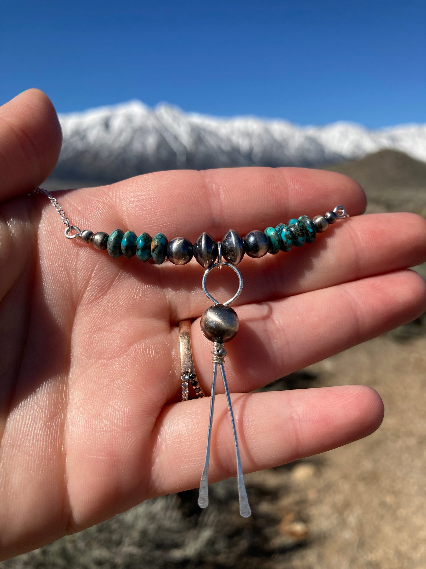 Turquoise Pearly Point Bar and Chain Necklace