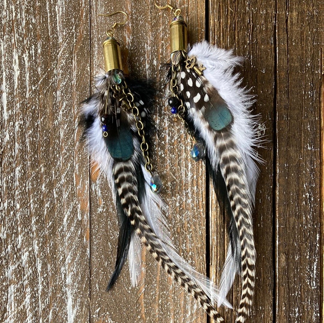 Bullet Charm and Feather Earrings