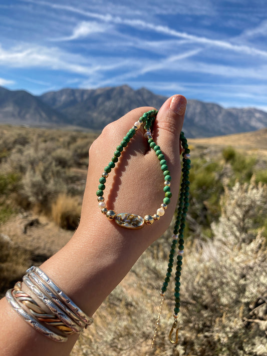 Brass Abalone Fresh Water Pearl and Green Turquoise Necklace