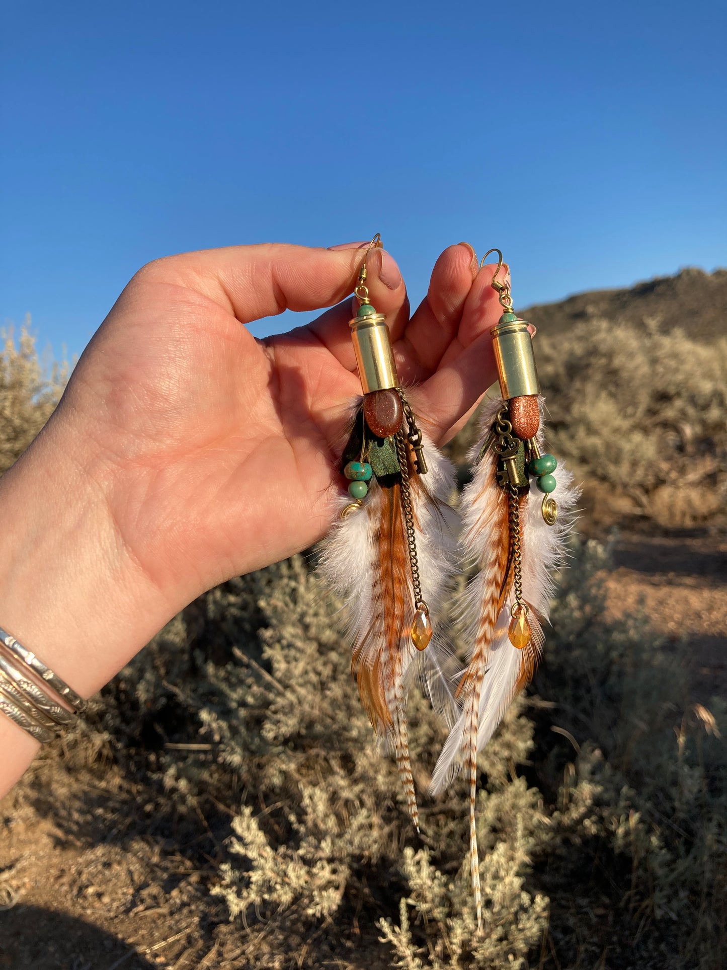 Bullet Charm and Feather Earrings