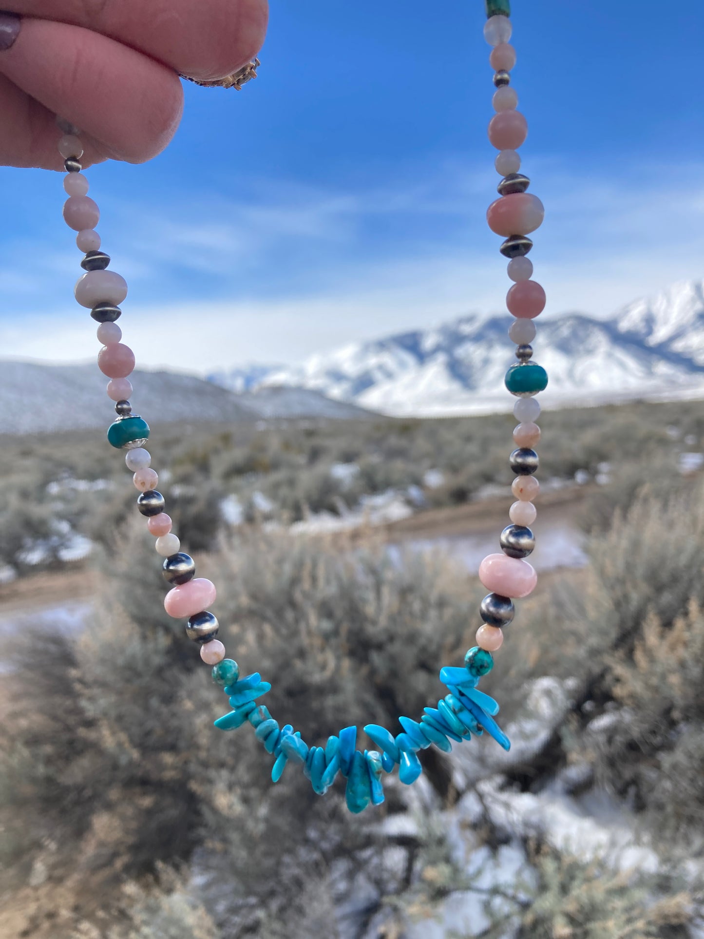 Pink Opal and Turquoise Chip Necklace