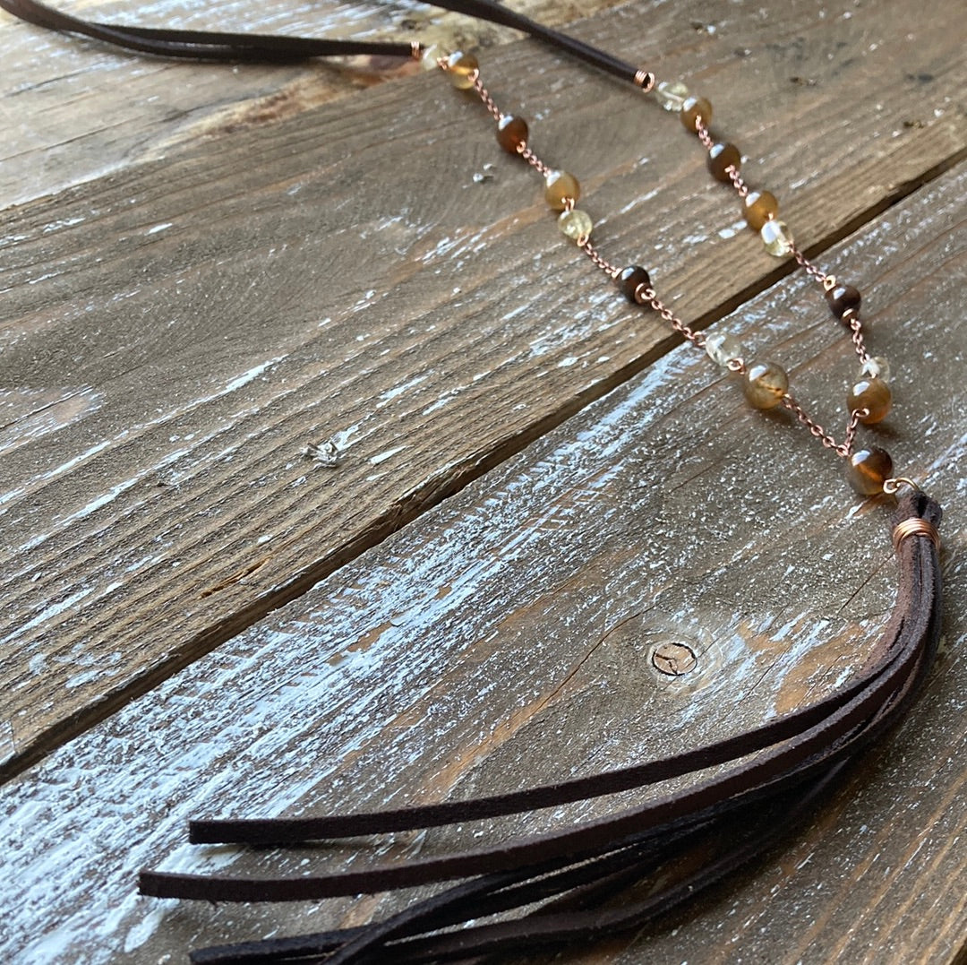 Copper and Brown Agate Leather Tassel Necklace