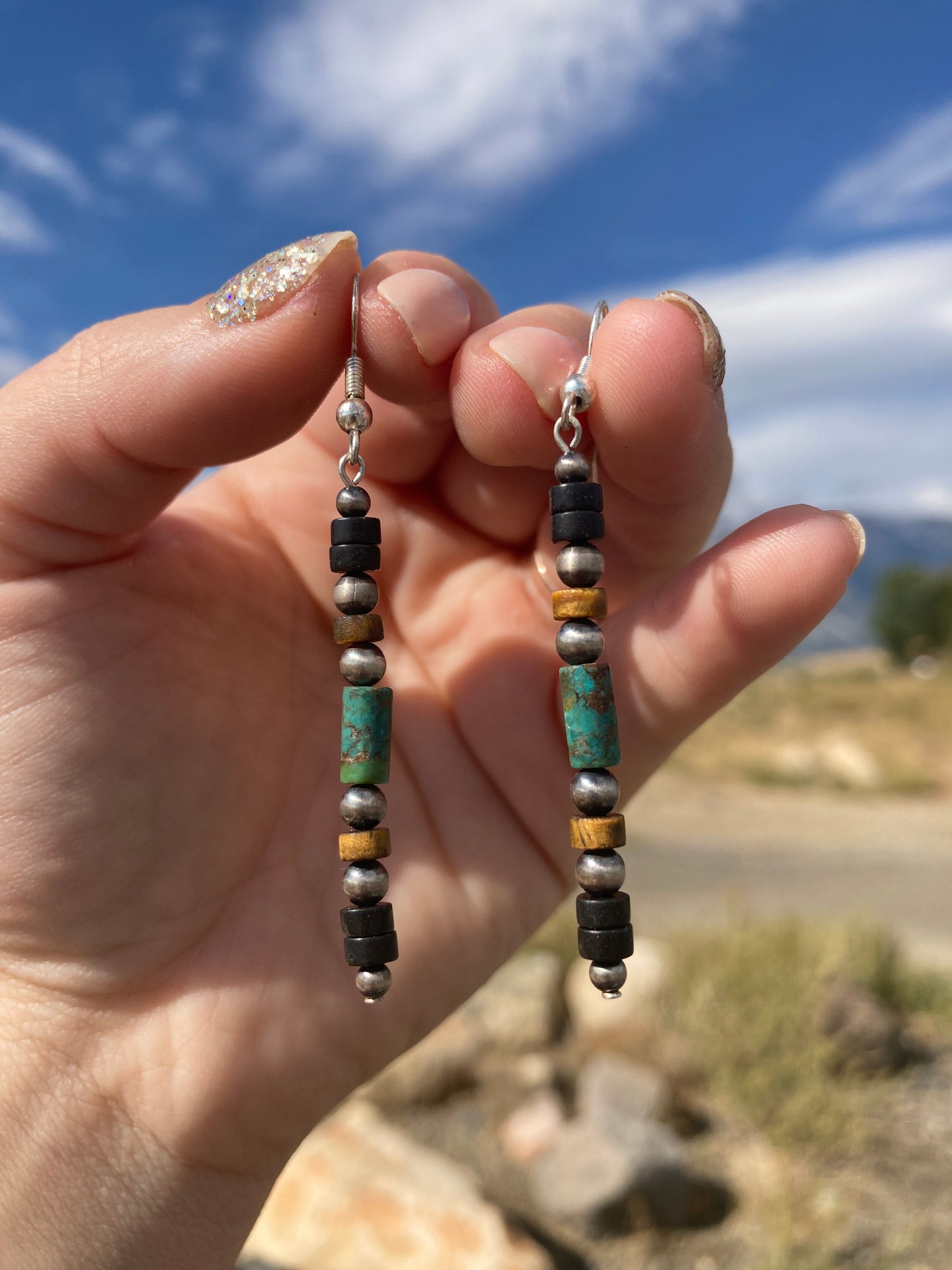 Turquoise Black Onyx And Tigers Eye Heshi Earrings