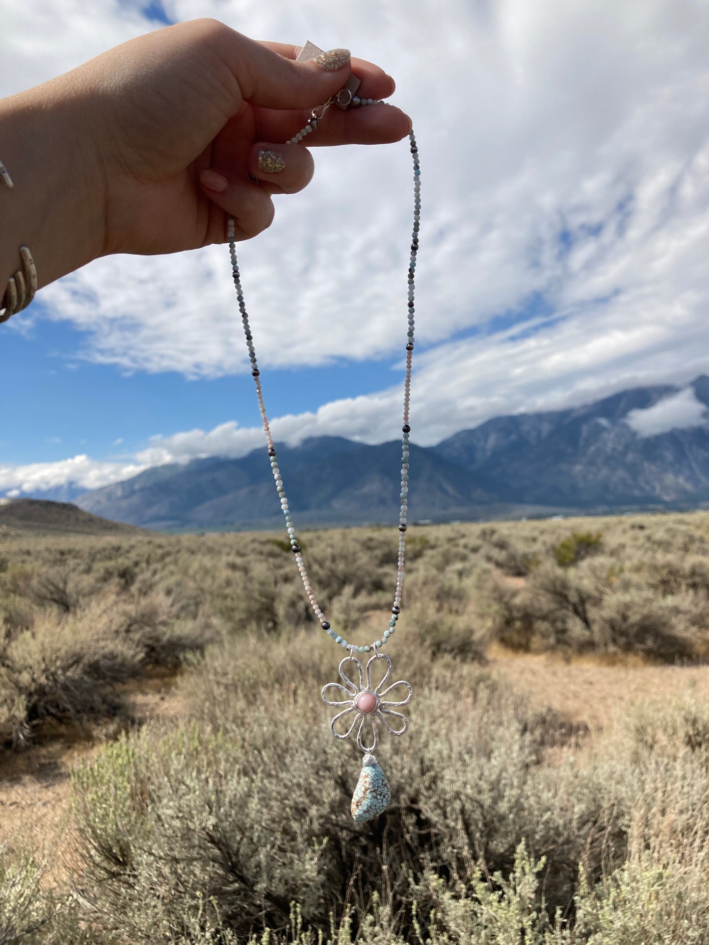 Nevada Turquoise and Pink Opal Daisy Necklace