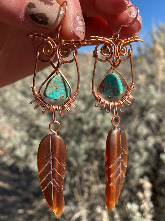 Copper Owl Earrings Baltic Amber and Turquoise