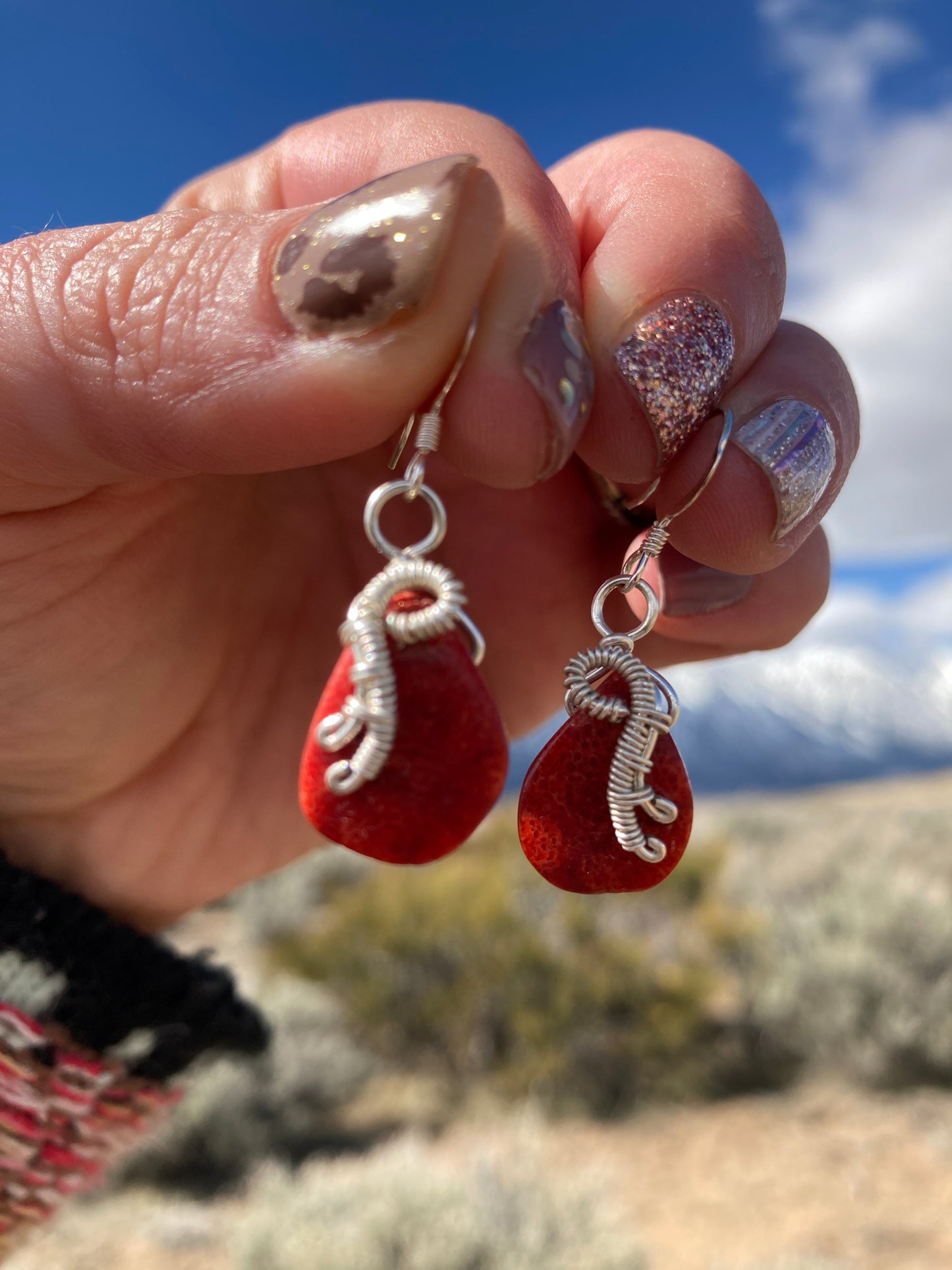 Red Sponge Coral Wire-Wrapped Teardrop Earrings