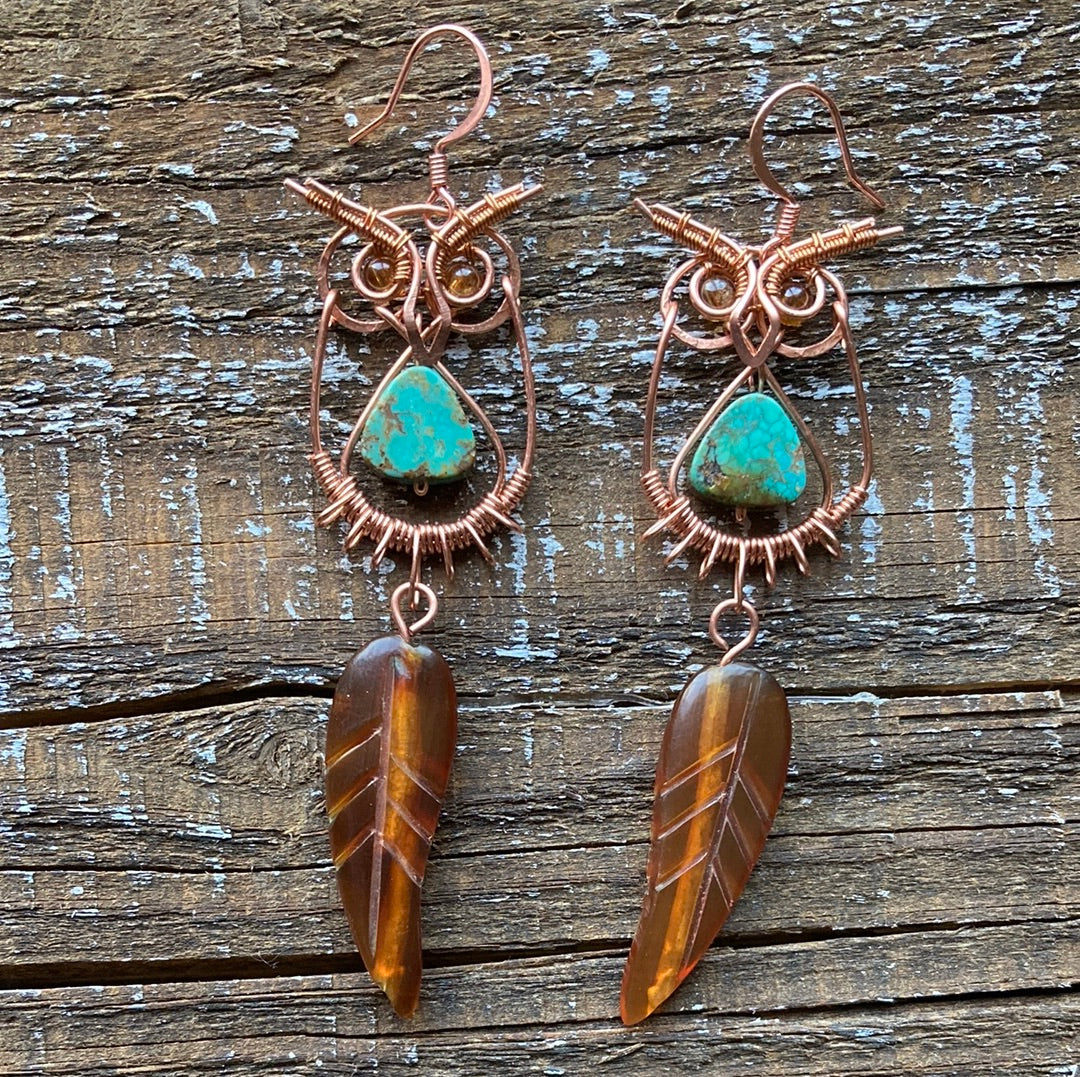 Copper Owl Earrings Baltic Amber and Turquoise