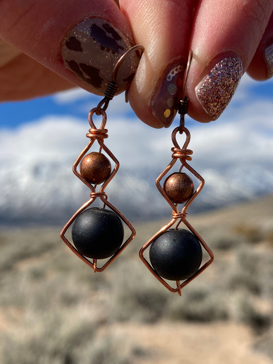 Copper and Matte Black Onxy Wrapped Earrings