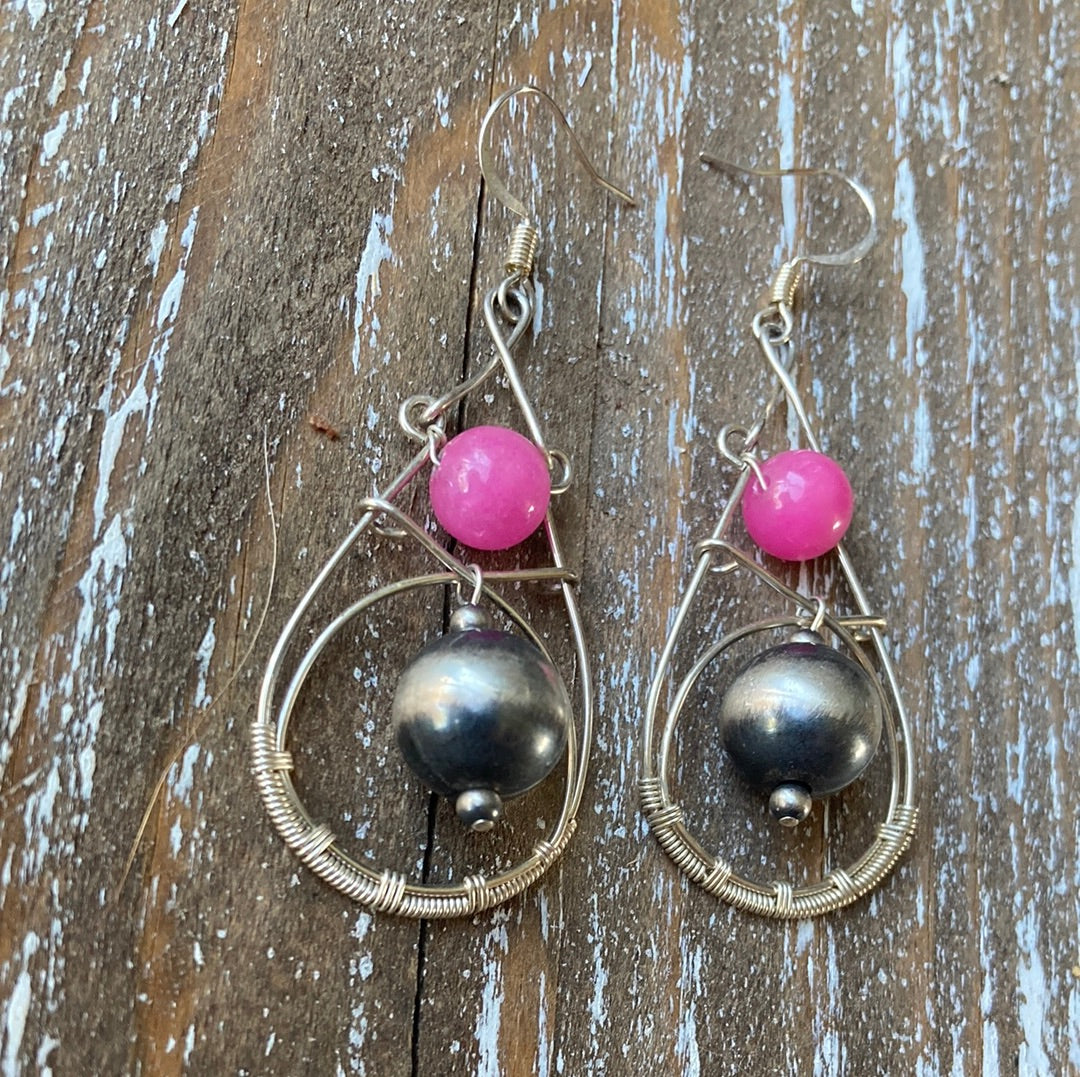 Pink Jade Wire-Wrapped Earrings