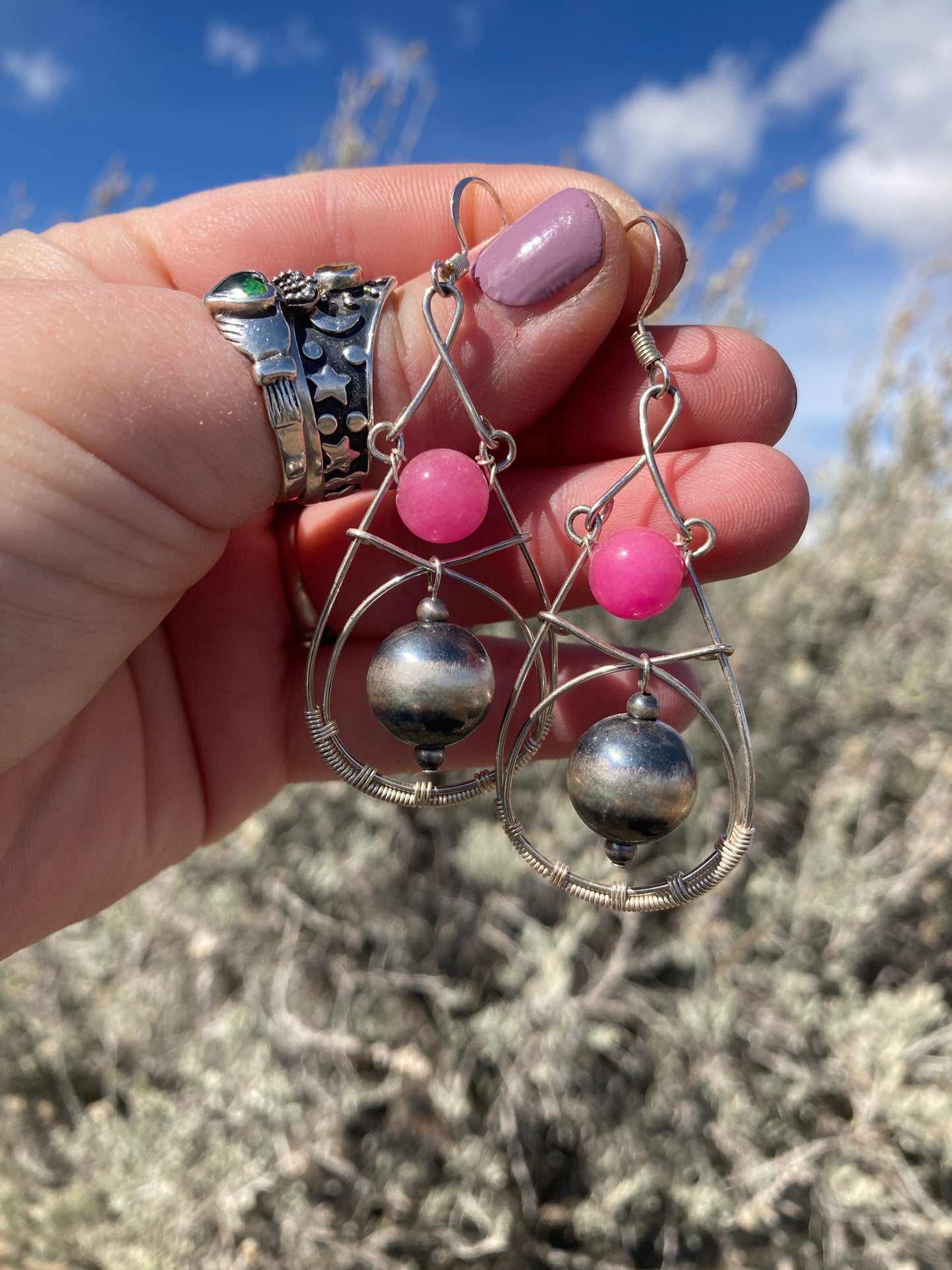 Pink Jade Wire-Wrapped Earrings