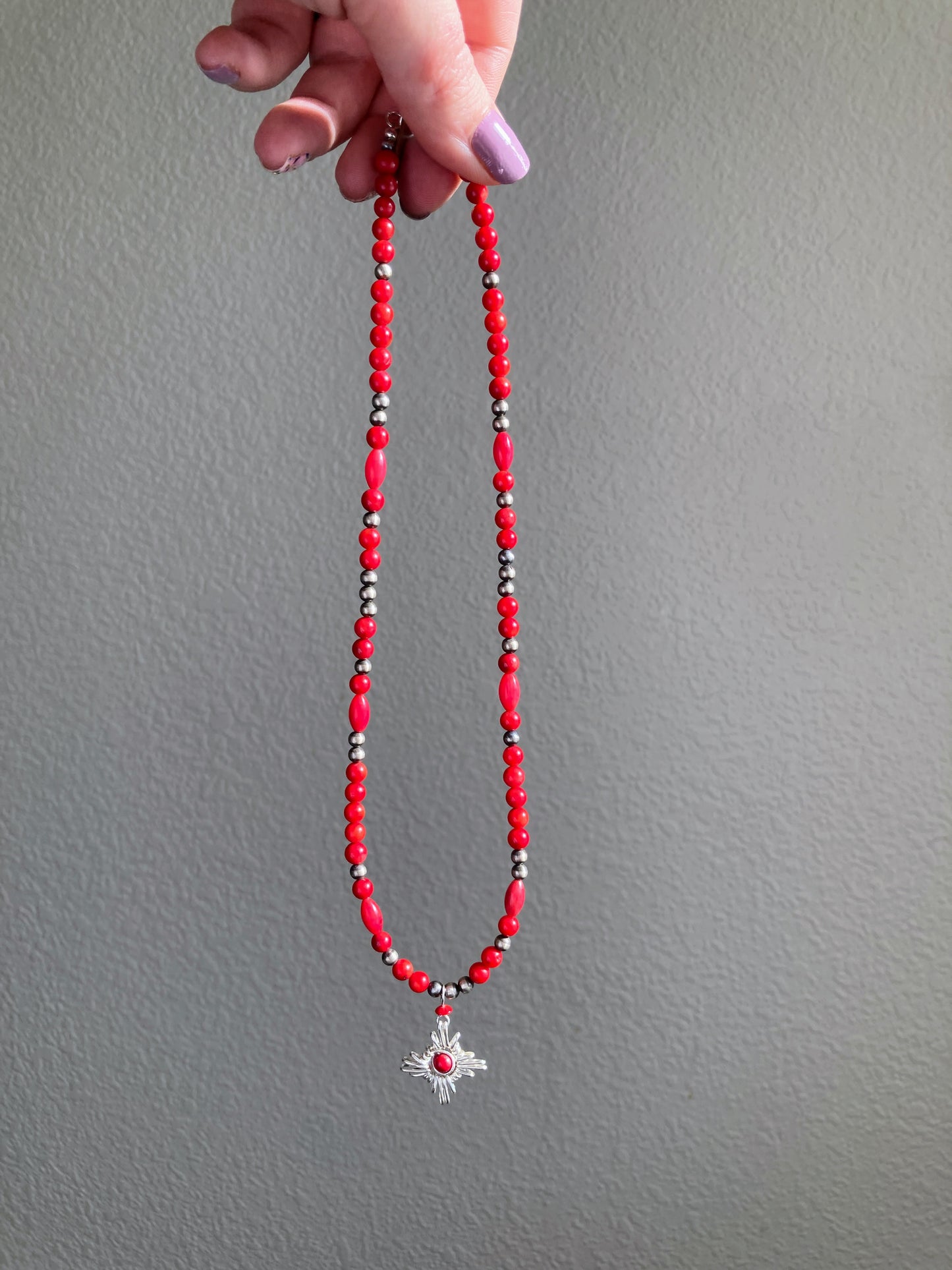 Red Coral Zia Pendant Navajo Pearl Necklace