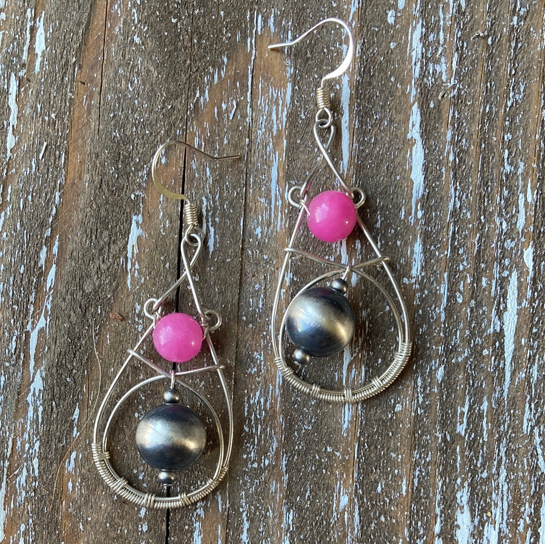 Pink Jade Wire-Wrapped Earrings