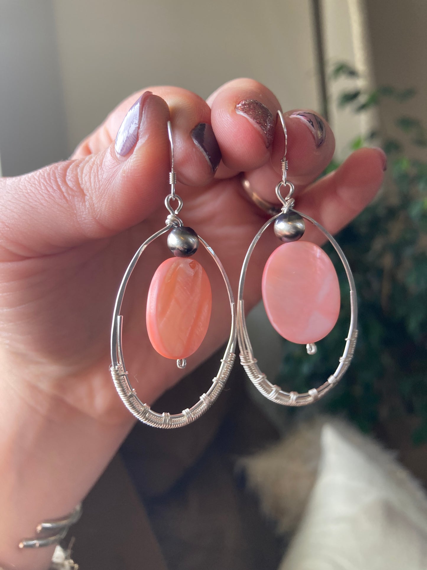 Pink Mother of Pearl Oval Hoops