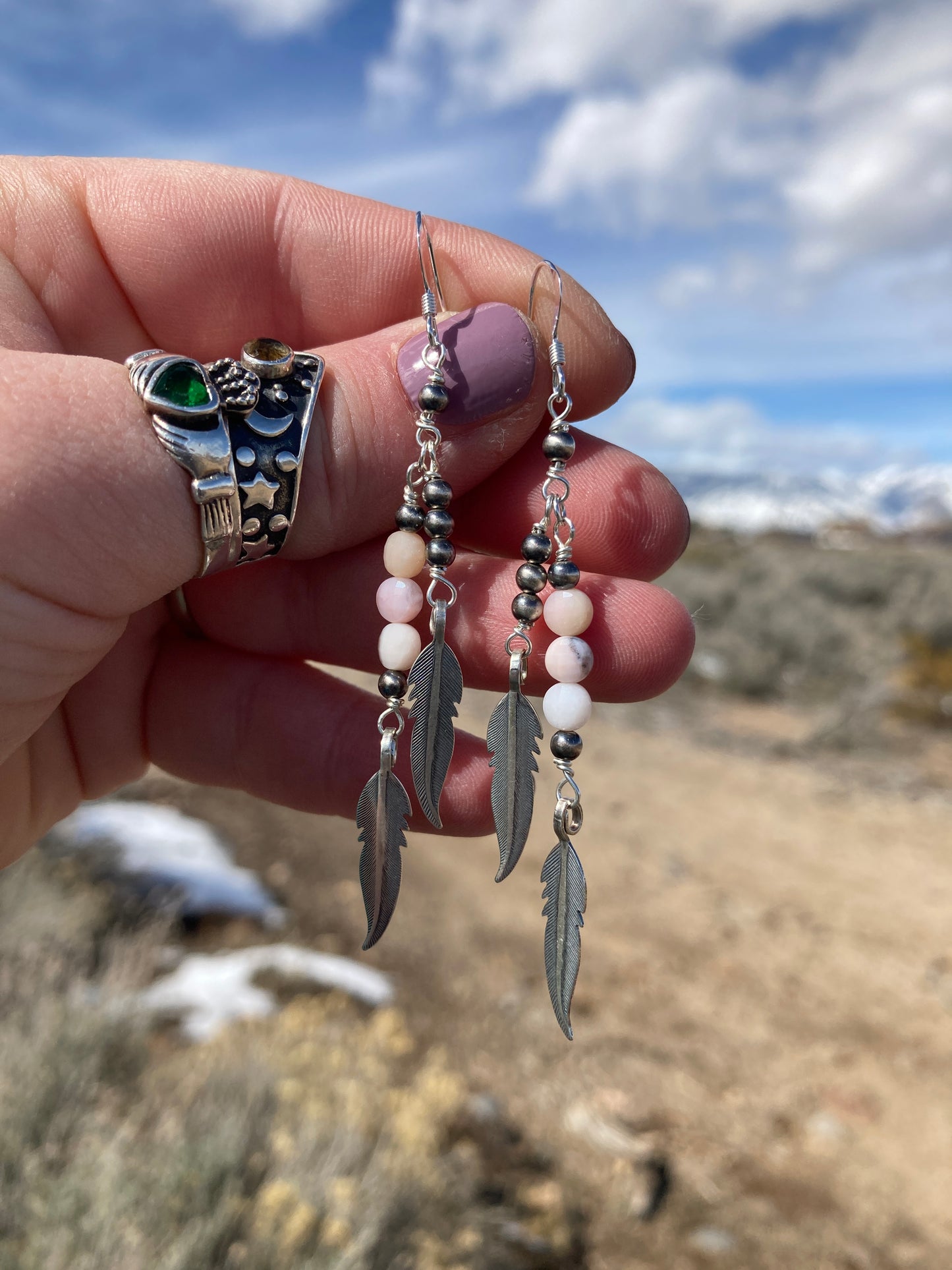 Pink Opal Feather Earrings