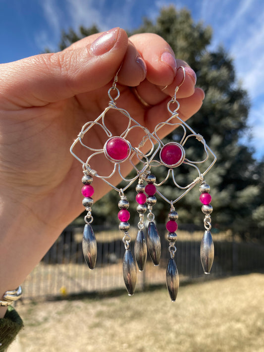 Pink Chalcedony Flower Chandelier Earrings