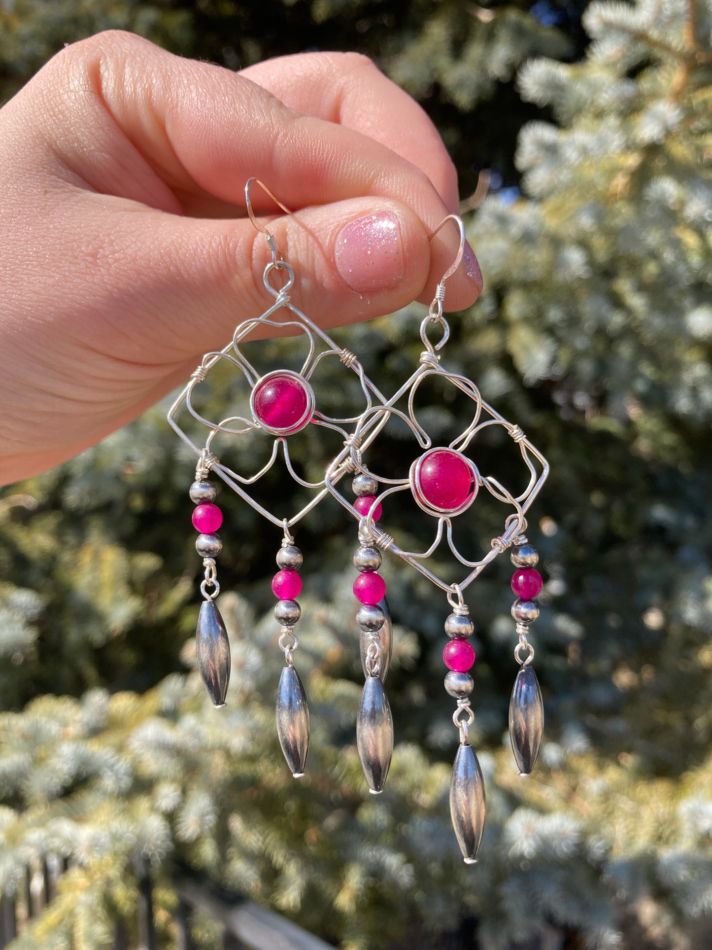 Pink Chalcedony Flower Chandelier Earrings