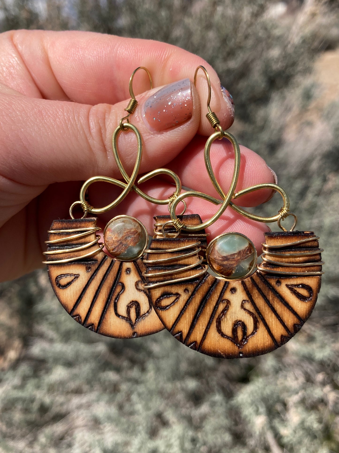 Wood-Burned and Wire-Wrapped Chrysophase Boho Earrings