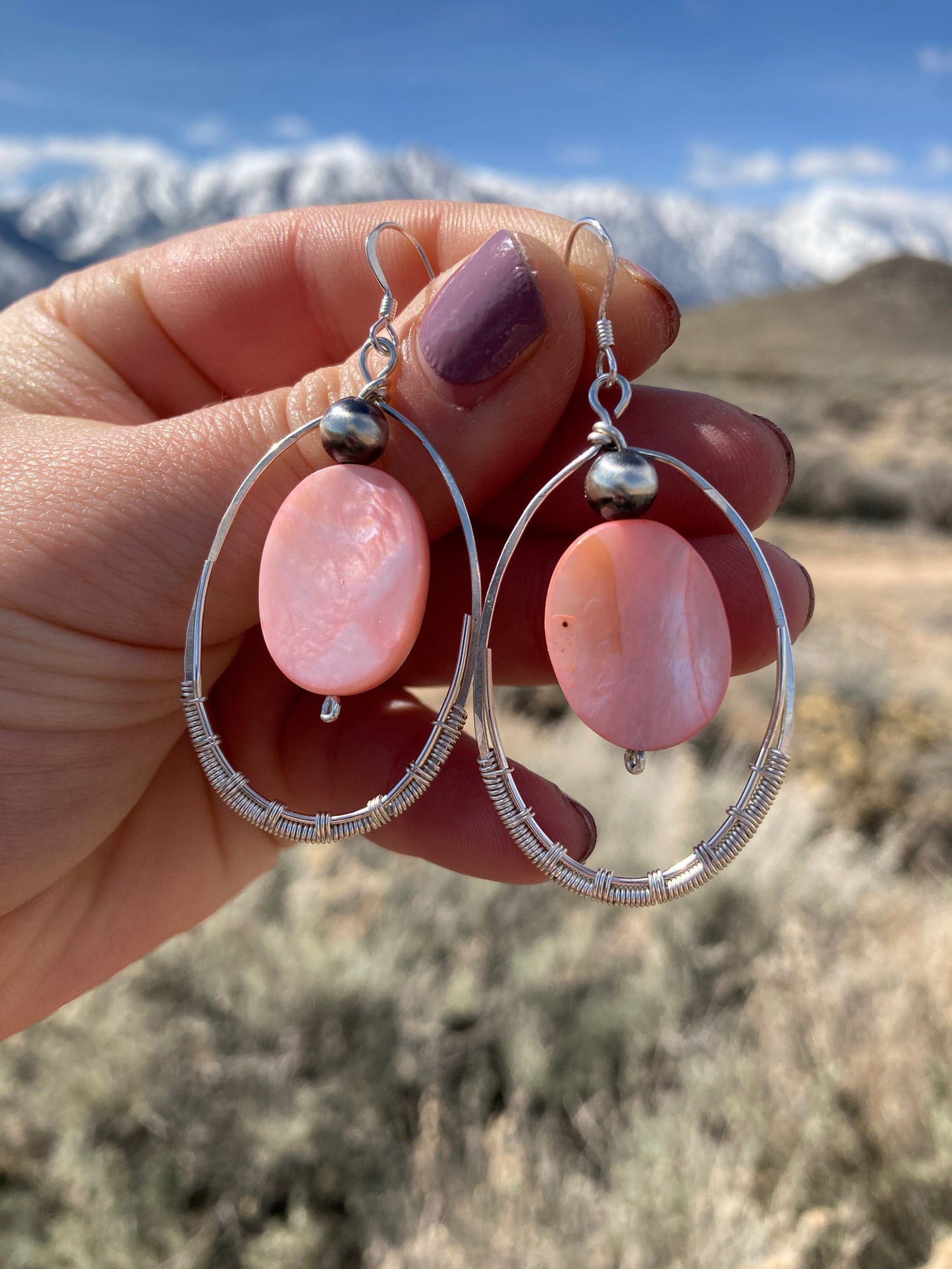 Pink Mother of Pearl Oval Hoops