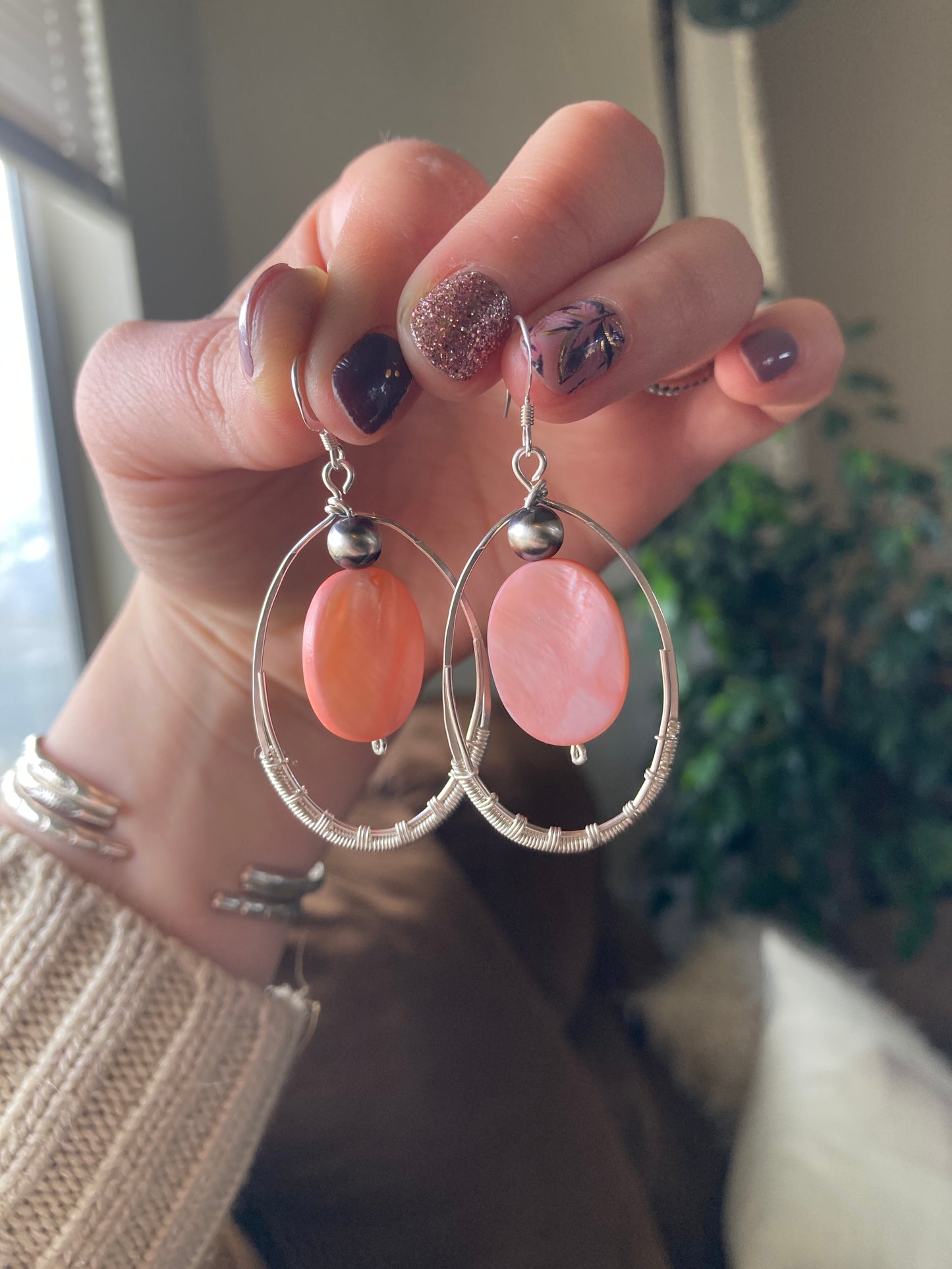 Pink Mother of Pearl Oval Hoops