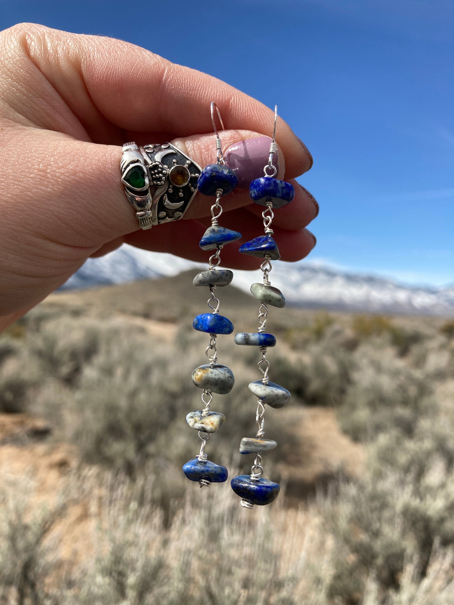 Denim Lapis Chip Chain Earrings