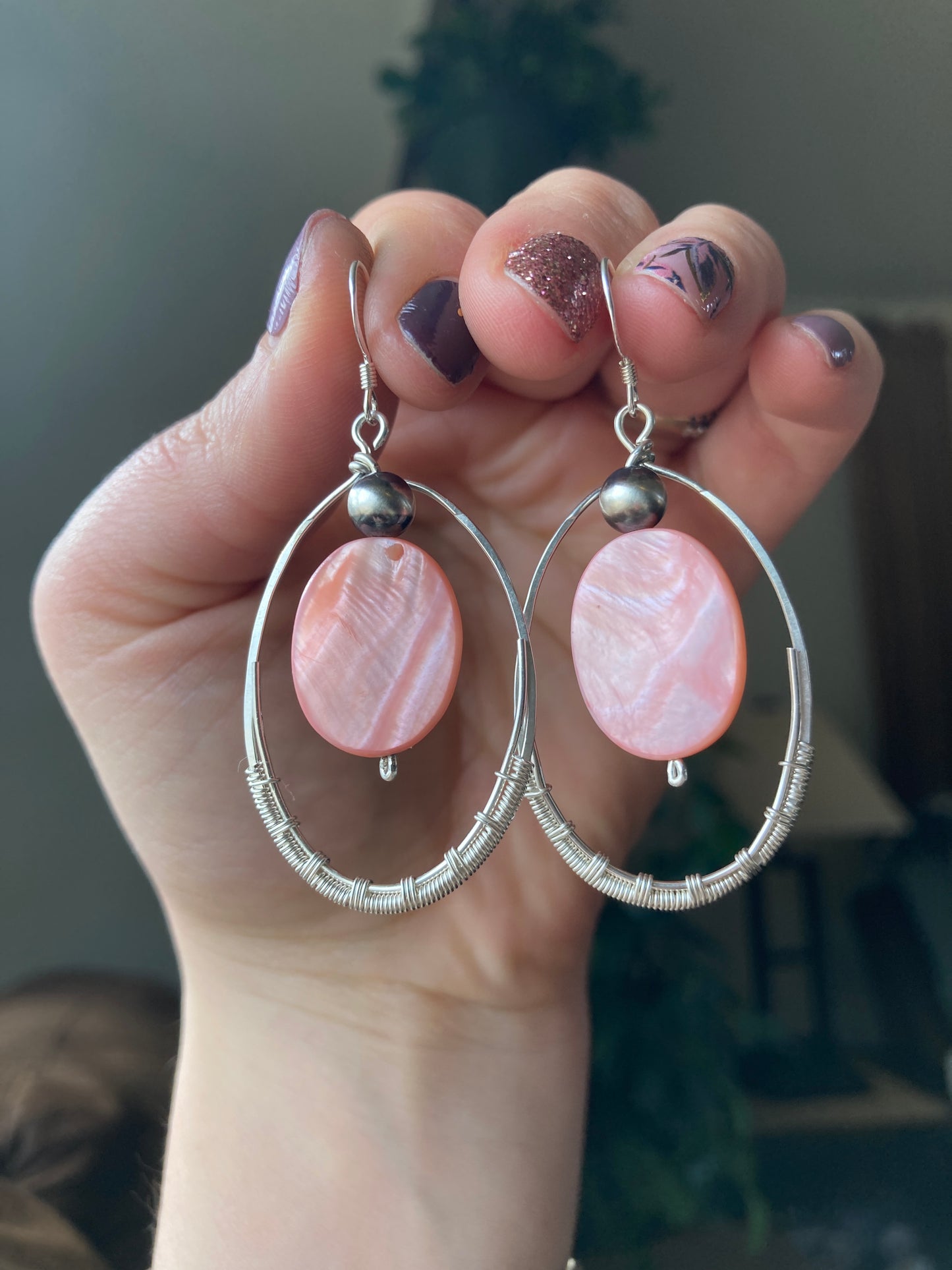 Pink Mother of Pearl Oval Hoops