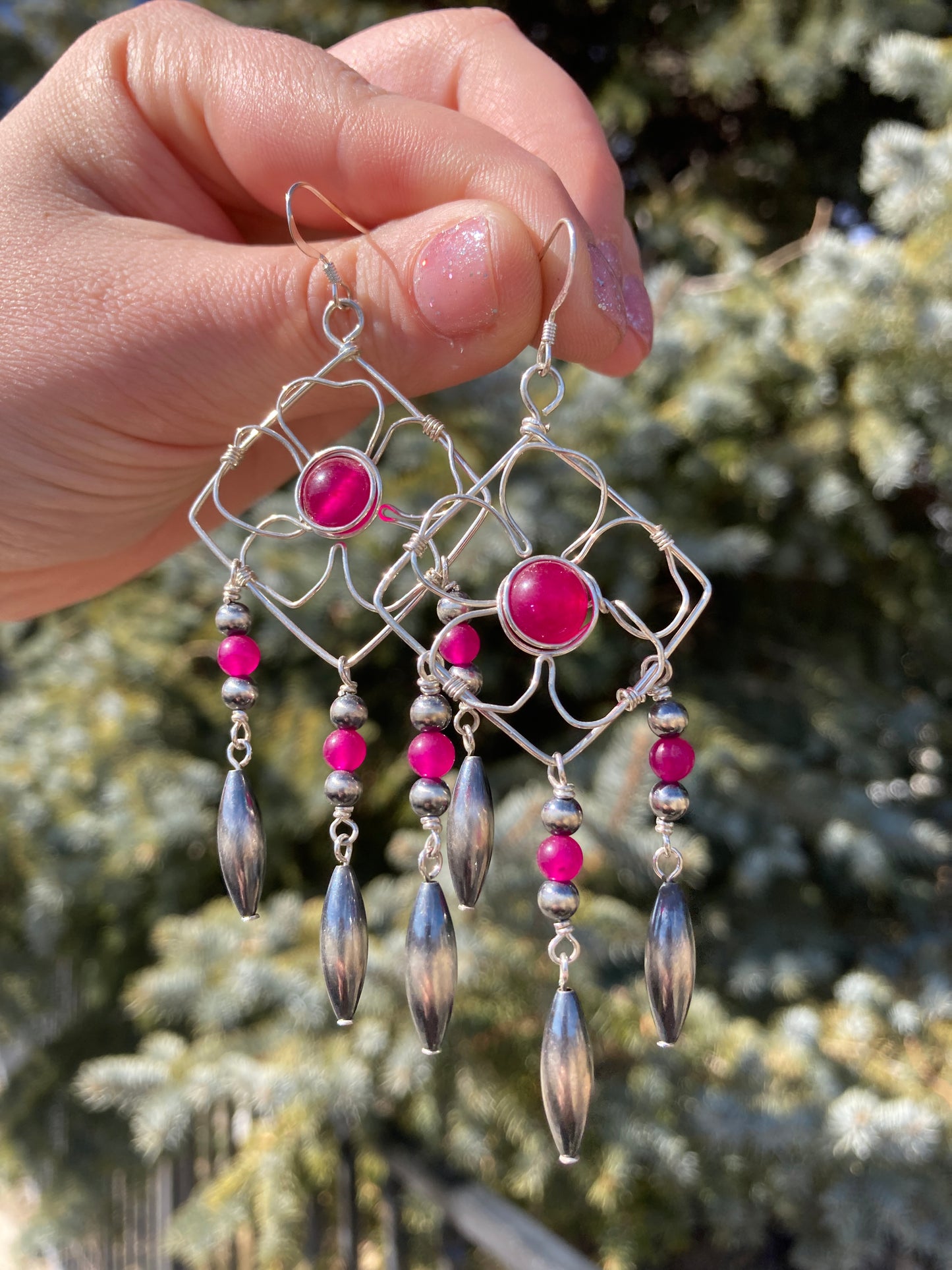 Pink Chalcedony Flower Chandelier Earrings