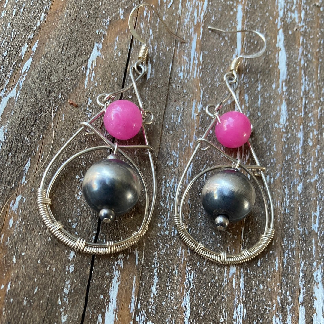 Pink Jade Wire-Wrapped Earrings