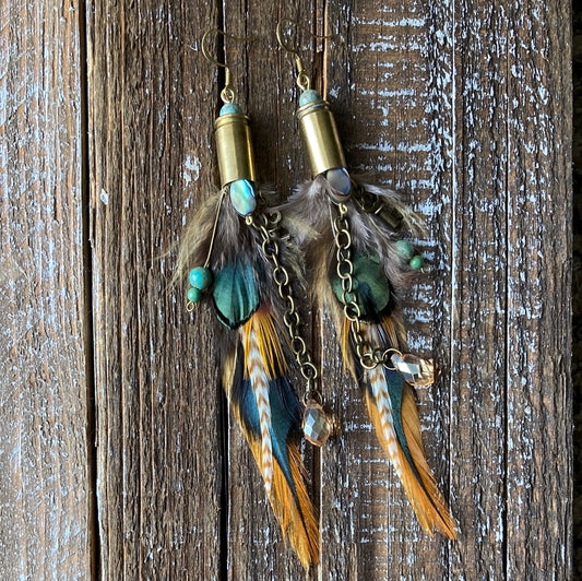 Bullet Charm and Feather Earrings
