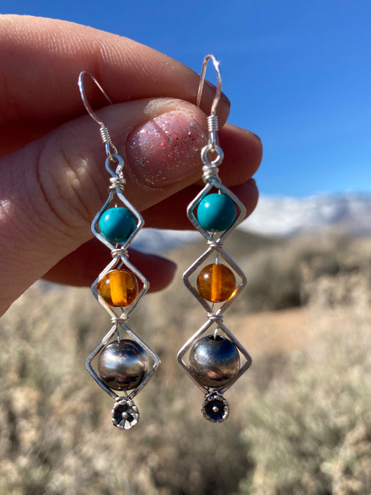 Baltic Amber and Turquoise Diamond Framed Earrings