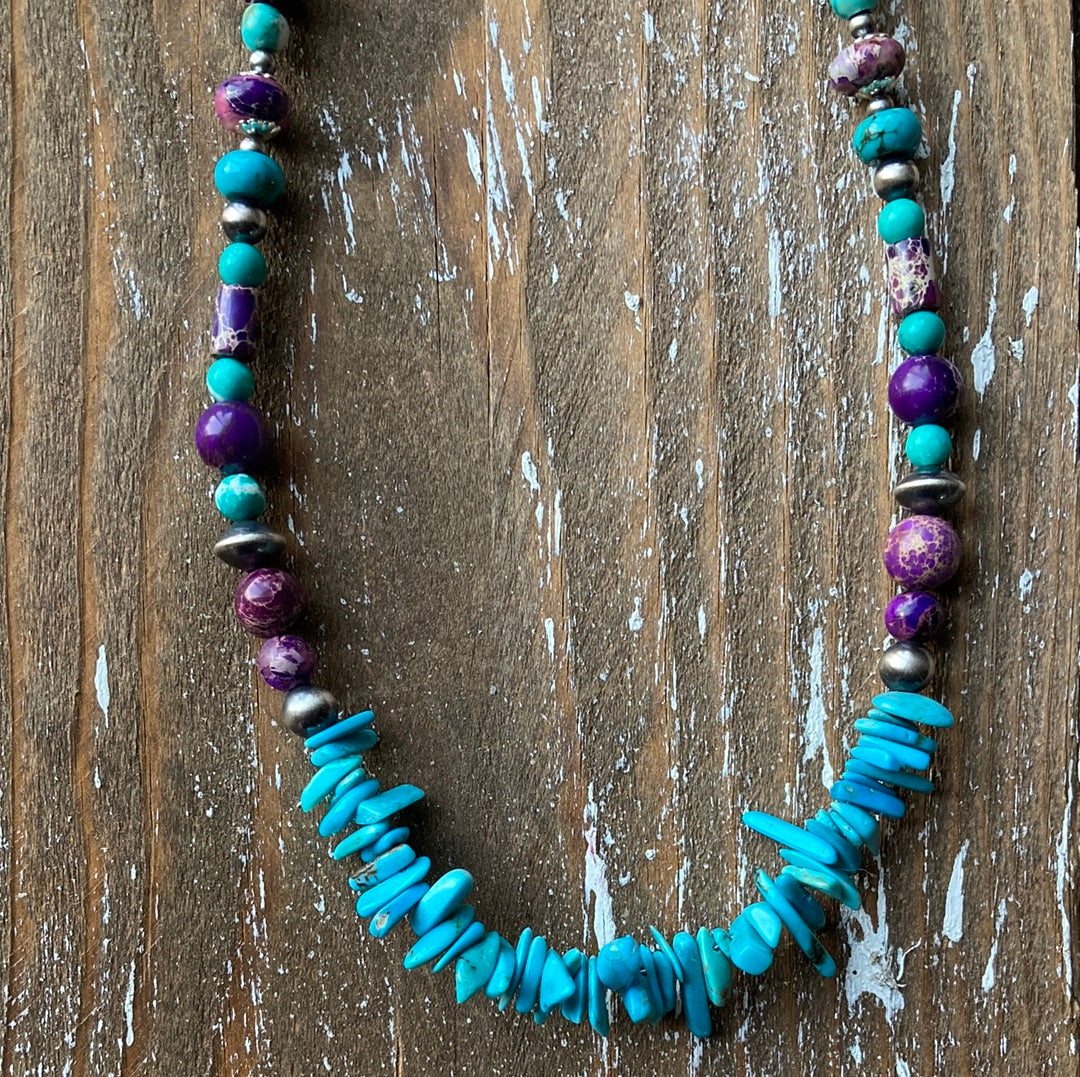 Purple Imperial Jasper and Turquoise Chip Necklace