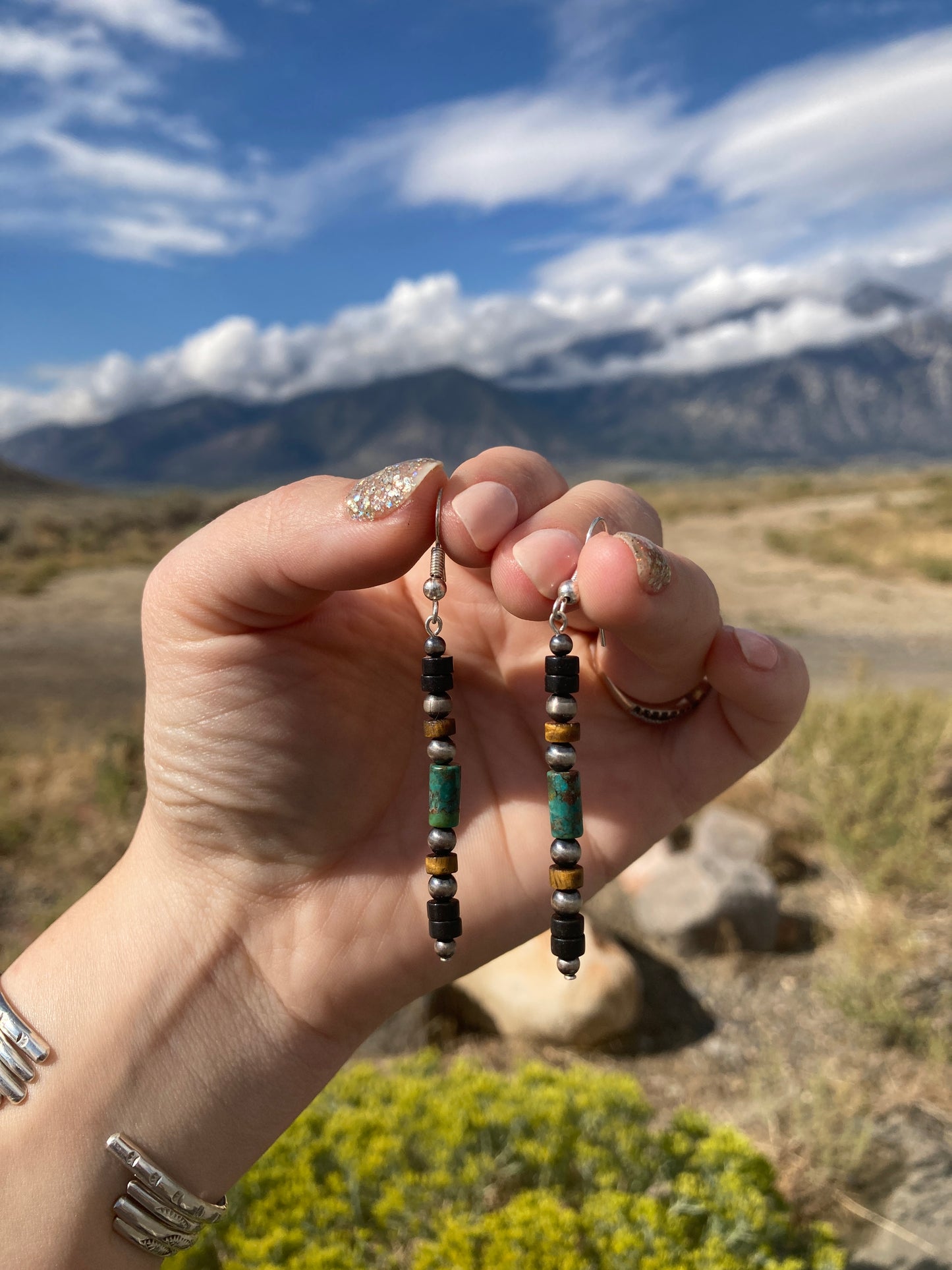 Turquoise Black Onyx And Tigers Eye Heshi Earrings