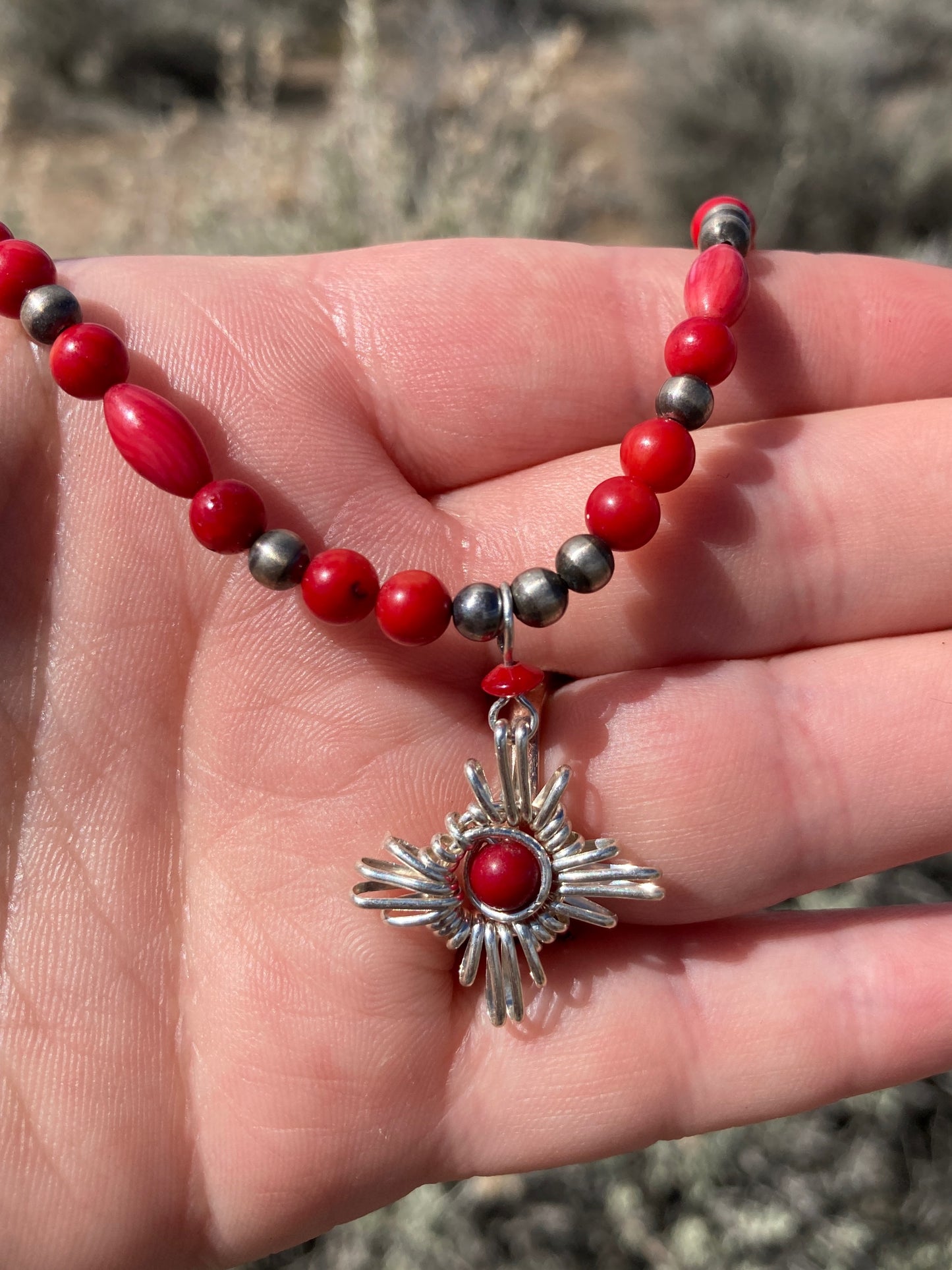 Red Coral Zia Pendant Navajo Pearl Necklace