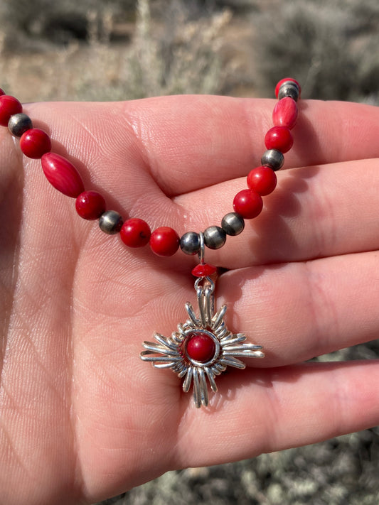 Red Coral Zia Pendant Navajo Pearl Necklace