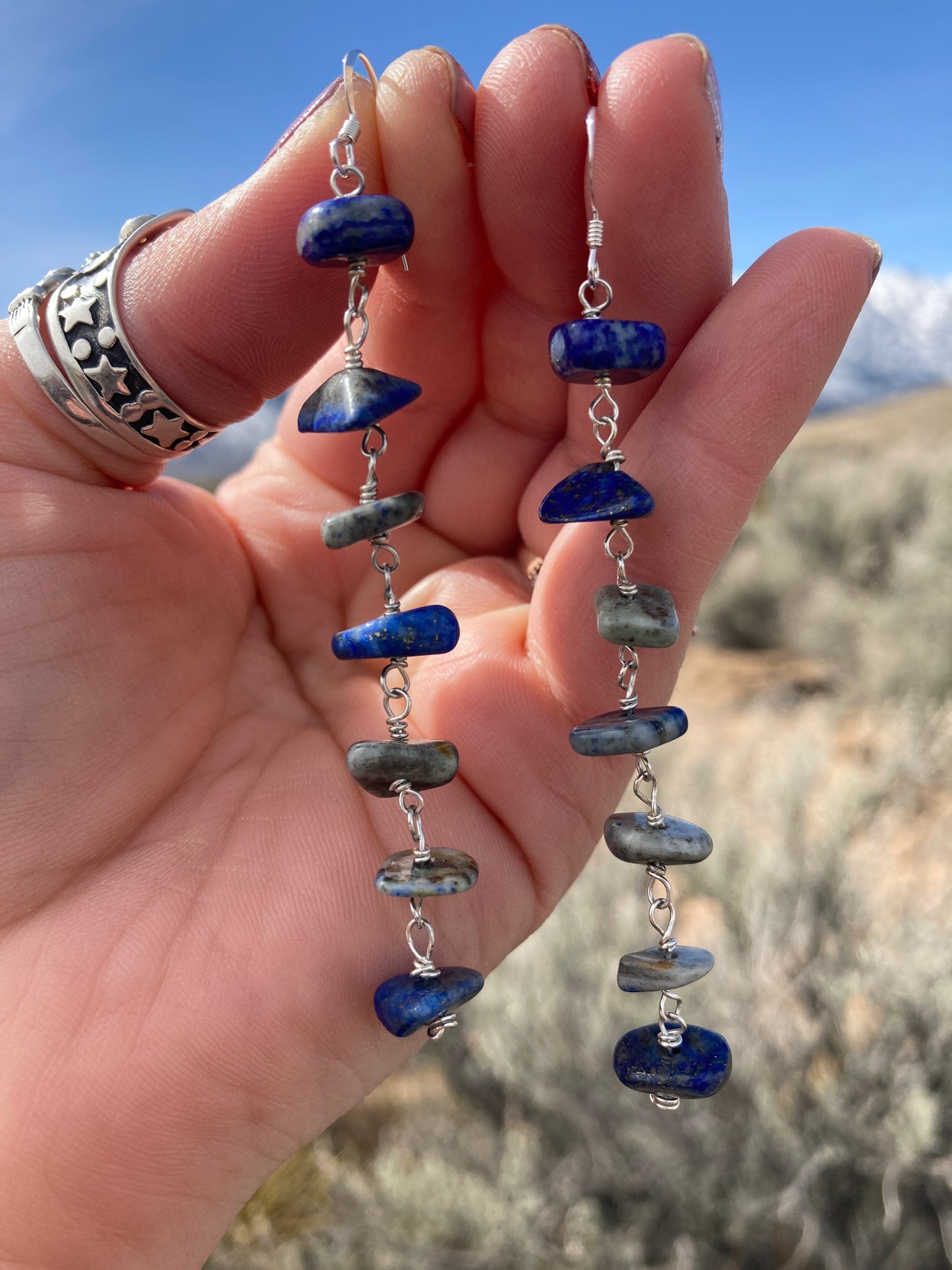 Denim Lapis Chip Chain Earrings