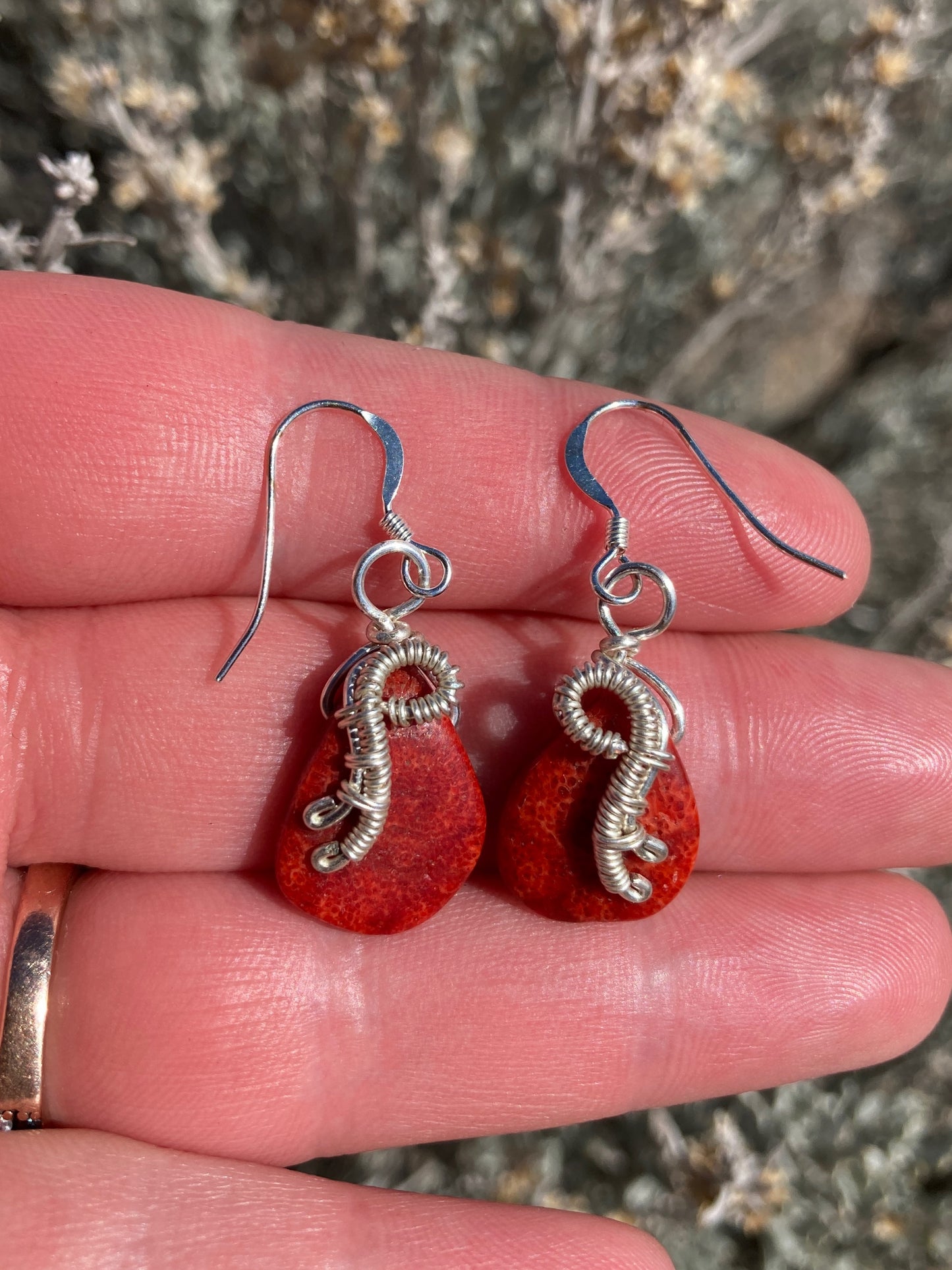 Red Sponge Coral Wire-Wrapped Teardrop Earrings