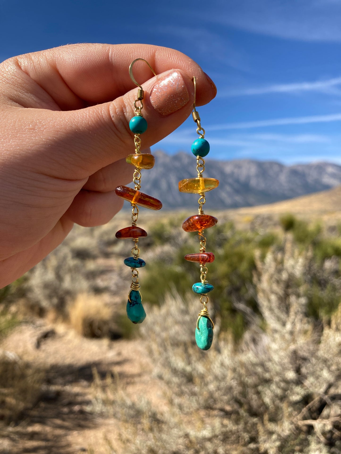 Brass and Turquoise and Baltic Amber Chip Earrings