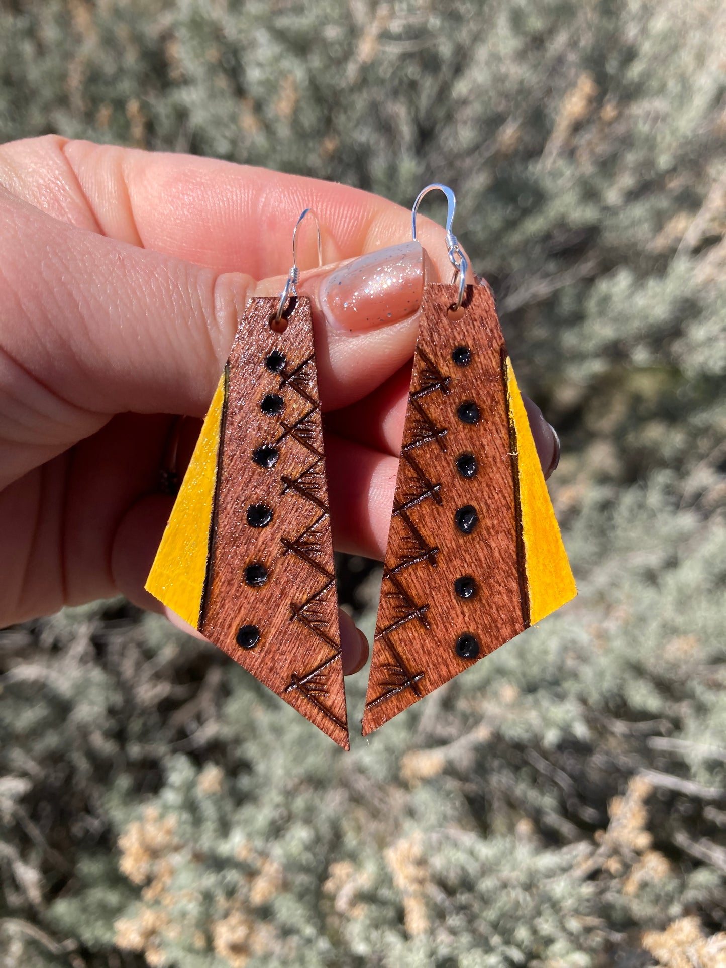 Wood-Burned and Painted Geometric Earrings