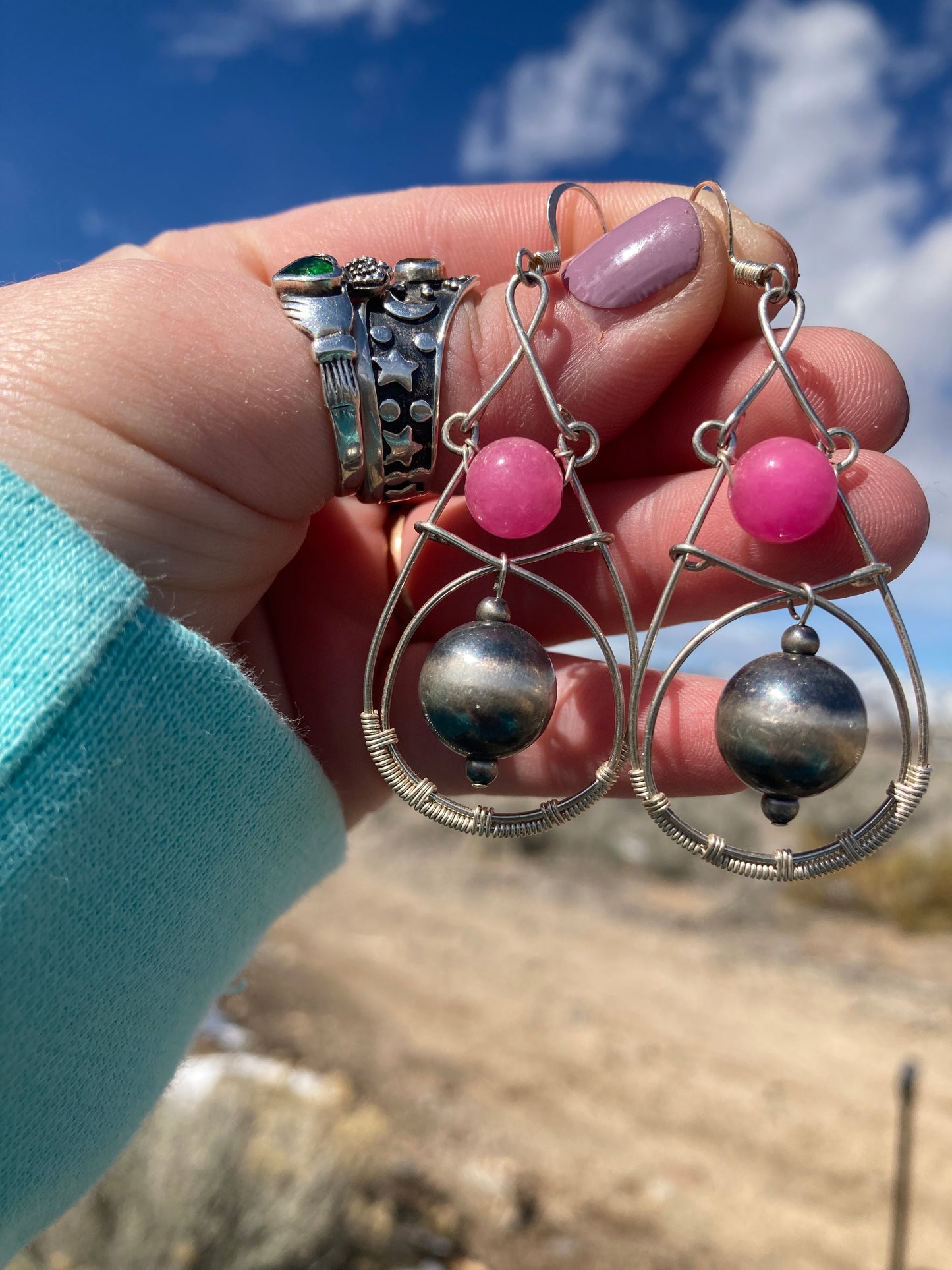 Pink Jade Wire-Wrapped Earrings