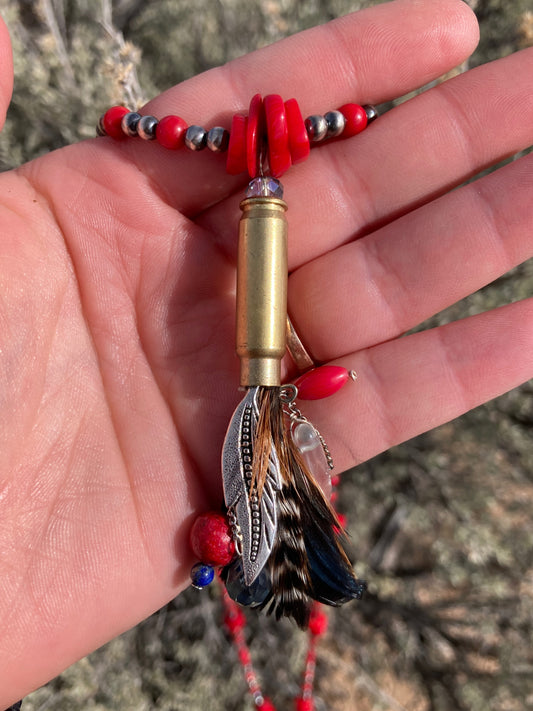 Red Coral Long Statement Necklace with Bullet Pendant