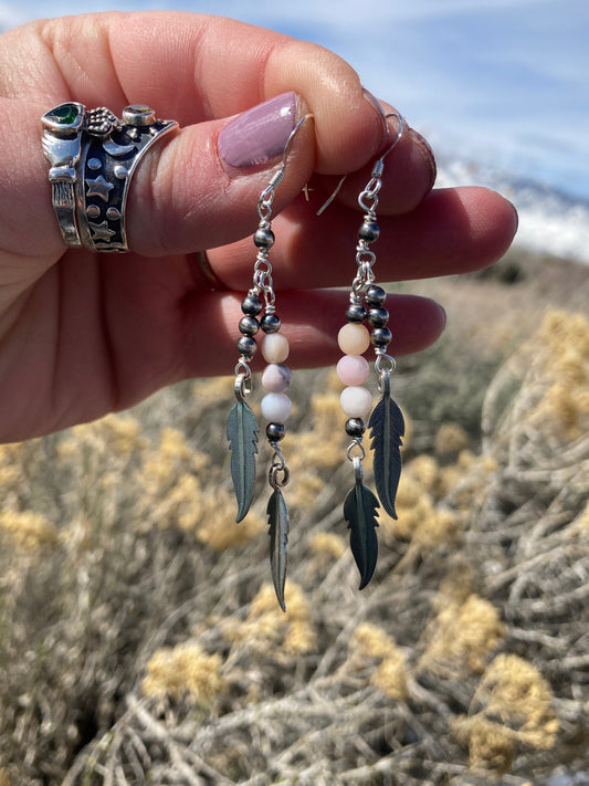 Pink Opal Feather Earrings