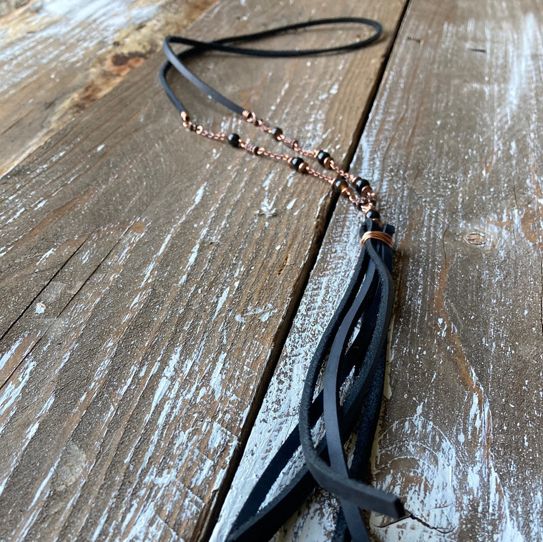 Copper and Black Leather Tassel Necklace