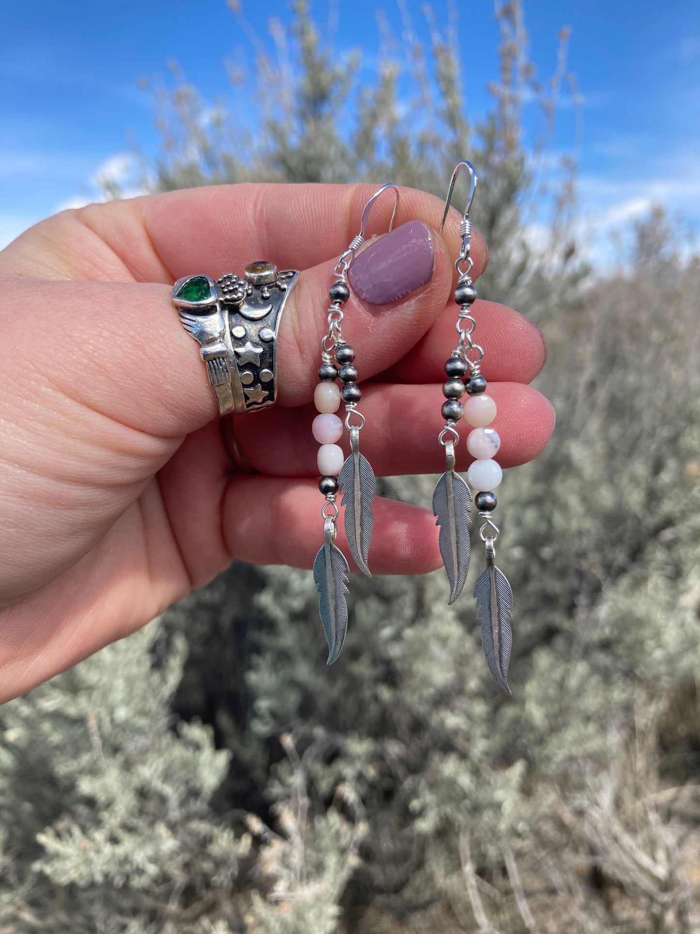 Pink Opal Feather Earrings