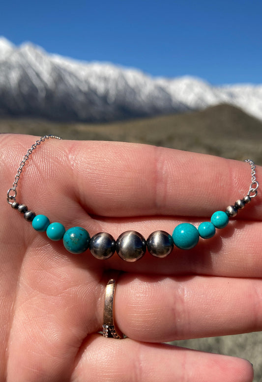 Turquoise Navajo Pearl Bar and Chain Necklace