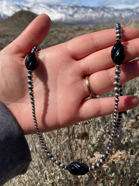Black Onyx Carved Spiral Navajo Pearl Necklace